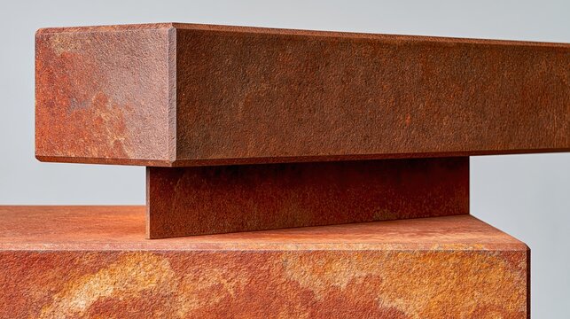 Stacked rusted corten steel blocks, weathered oxidized metal beams, industrial geometric composition for product display