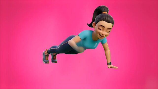 A strong 3D cartoon woman in a teal top doing a single-arm push-up plank during a strength workout, isolated on a vibrant pink background. Suitable for women's fitness promos, home exercise tutorials,