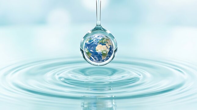 A single clear water droplet holds a perfect miniature reflection of planet earth and generates expanding ripples on a pale light blue
