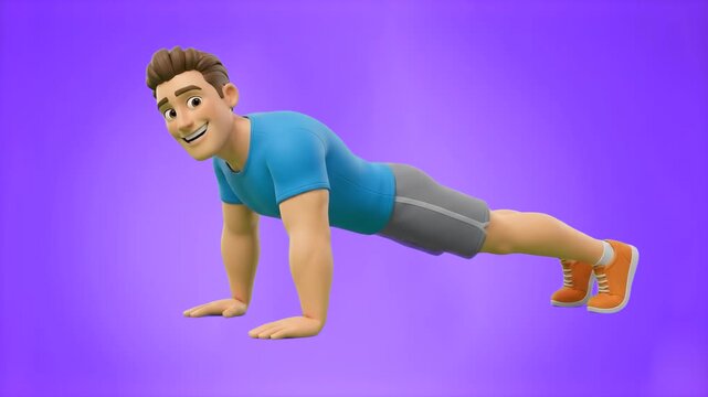 A smiling 3D cartoon man in a blue t-shirt doing push-ups on the floor, isolated on a vibrant purple background. Suitable for personal training commercials, exercise tutorials, bodyweight fitness clip