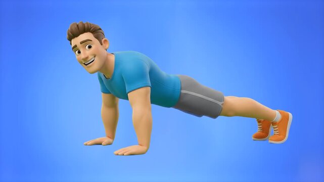 A happy 3D cartoon man in sportswear performing push-ups and holding a plank position during a workout, isolated on a light blue background. Great for fitness apps, home workout guides, gym promotiona