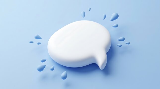 A clean minimalist three dimensional white speech bubble floats above a pale light blue backdrop with many small paper airplanes scattered around