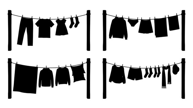 clothesline realistic black shadow silhouette isolate vector set