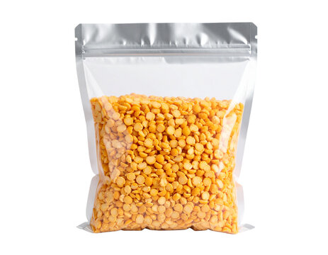 Plastic bag of dry yellow split peas Isolated on Transparent or White Background