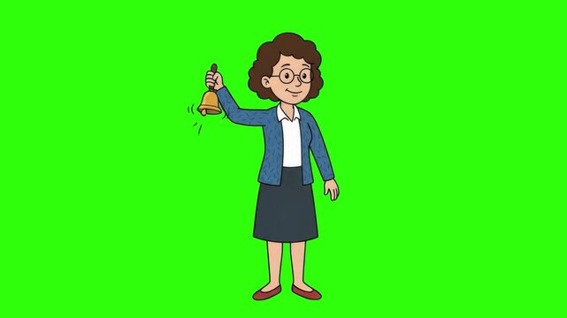 A friendly 2D cartoon female teacher wearing glasses and a suit skirt ringing a golden hand bell, isolated against a bright chroma key green screen background. Perfect for back-to-school promos, class