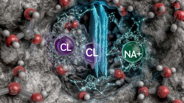 Sodium and chloride ions passing through a biological membrane channel in a molecular filtration process