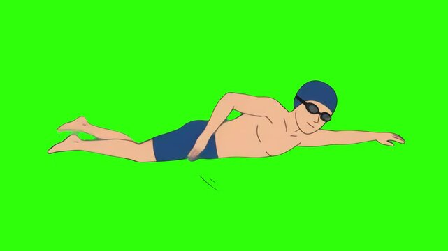 A 2D cartoon male swimmer performing the freestyle swimming stroke without water, isolated against a bright chroma key green screen background. Designed for custom liquid compositing, sports animation