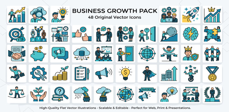 Success business. Set of people vector illustrations in various activities of business excellence, strategy and planning, data analytics, marketing and business improvement.