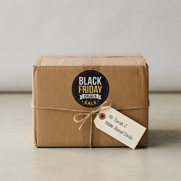 Brown cardboard package box tied with twine string and a black friday promotional sale tag cardboard shipping delivery shopping discount promotion commerce