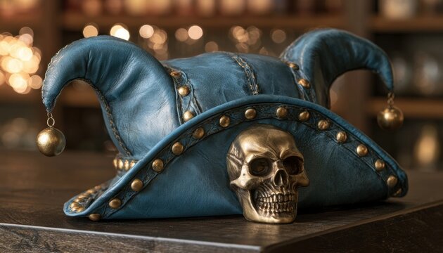 Three quarters view of an ornate fantasy style blue leather jester hat with golden bells and studs resting next to a small golden skull
