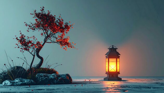 Zen bonsai tree with red foliage and glowing traditional lantern at dusk