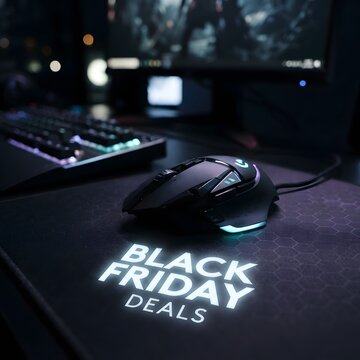 Gaming mouse on a mousepad with black friday deals text illuminated beside a computer keyboard and monitor in a dark room mousepad computer keyboard promotion discount hardware