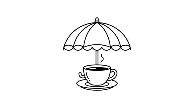 Coffee cup under umbrella icon, minimalist line art logo for cafe or beverage business.