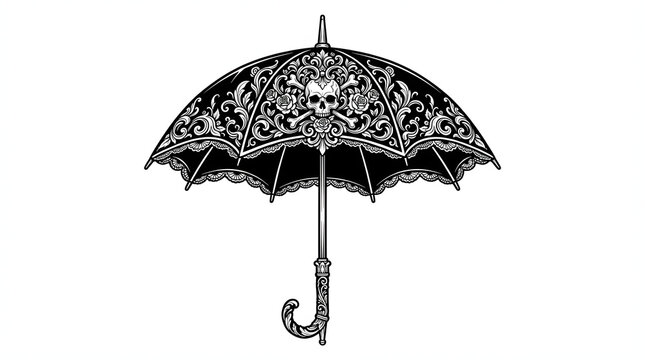 Gothic umbrella with skull and floral lace pattern vector line art illustration