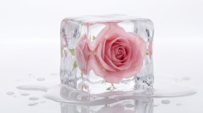 Red rose flower frozen inside melting ice cube with water droplets