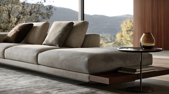 Modern living room with comfortable grey fabric sofa and minimalist side table.