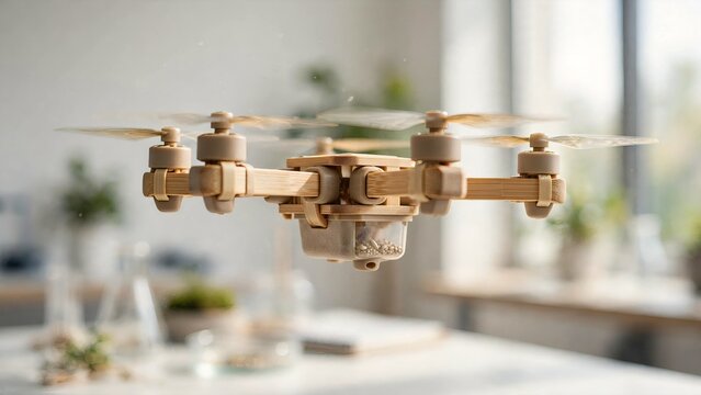 Innovative eco-friendly bamboo wooden quadcopter drone hovering indoors over a table carrying a small transparent container filled with seeds