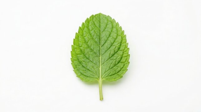 Single fresh green mint leaf isolated vertically on a clean white background with herbal plant peppermint leaf organic herb culinary herb aromatic herb raw herb plant foliage macro leaf