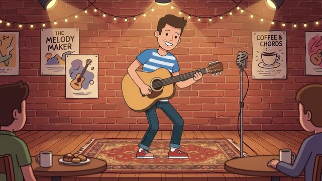 A cheerful 2D cartoon boy standing on a stage with a red brick wall backdrop, happily strumming an acoustic guitar. Ideal for music lesson promos, band practice scenes, live acoustic performance visua