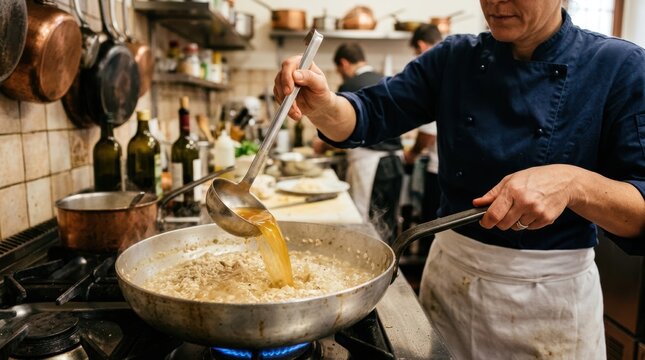 A chef's hands adding a ladle of warm stock to a pan of risotto, the stock sizzling, the rice absorbing it. The chef's hands are steady, the risotto is cooking.