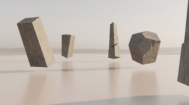 Minimalist floating stone monoliths, surreal concrete geometric shapes in desert landscape, abstract architectural pillars for product display
