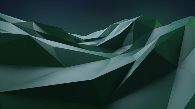 Low poly mountain landscape, abstract geometric peaks in dark green and teal, modern 3D polygonal terrain background for technology and gaming