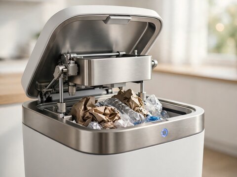 High-tech smart trash can with automatic stainless steel compactor mechanism filled with recyclable plastic bottles and crumpled paper in a modern kitchen