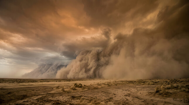 Massive dust storm rolling across a dry desert landscape under a dramatic cloudy sky.