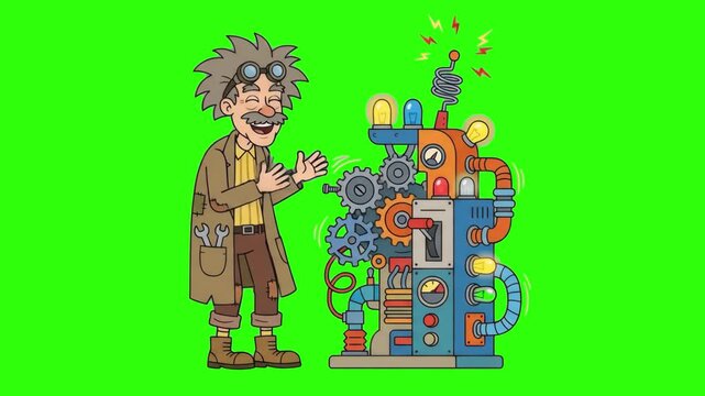 A cheerful 2D cartoon mad scientist laughing hysterically next to a crazy glowing invention machine with gears and lights, isolated on a solid green chroma key background. Perfect for comedy skits, ST