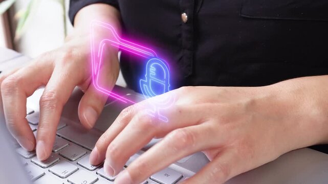 Voice recordings. Close-up shot of a businesswoman working on her computer, featuring a virtual folder icon with a microphone.