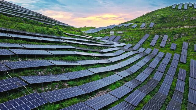 Aerial view of modern solar panel arrays installed on green mountain slopes for renewable energy in Guizhou, China
