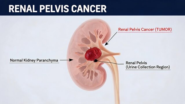 Renal pelvis cancer 3D anatomical render, tumor inside renal pelvis with normal kidney parenchyma