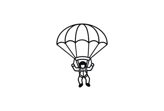 Minimalist skydiving line icon, skydiver descending with open parachute vector illustration, extreme sports paragliding symbol