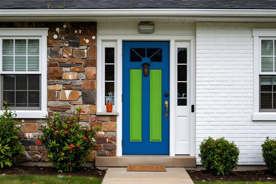 A detail of a front door on home with stone and white bricking siding, beautiful landscaping, and a colorful blue - green front door.