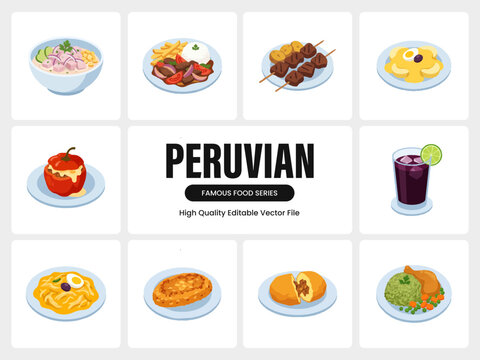 Peruvian Traditional Food Set with Ceviche, Lomo Saltado, and Anticuchos, Editable Flat Vector Collection Isolated On White