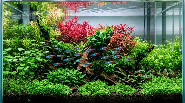 Vibrant Neon Tetra Fish (Paracheirodon innesi) in Natural Tropical Planted Aquarium Environments