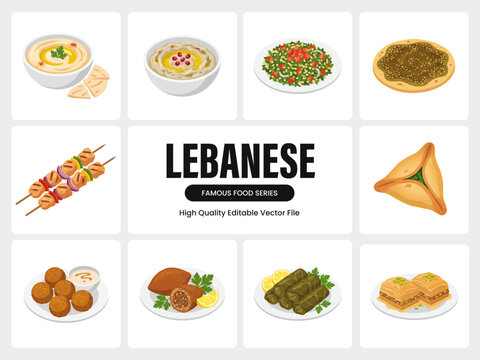 Lebanese Famous Food Set with Hummus, Falafel, and Tabbouleh, Editable Flat Vector Collection Isolated On White