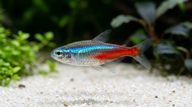 Vibrant Neon Tetra Fish (Paracheirodon innesi) in Natural Tropical Planted Aquarium Environments
