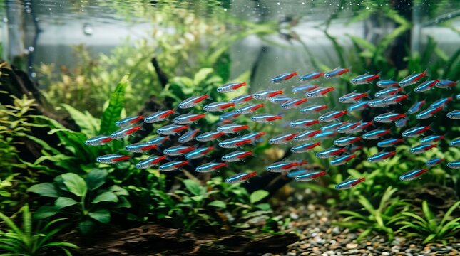 Vibrant Neon Tetra Fish (Paracheirodon innesi) in Natural Tropical Planted Aquarium Environments