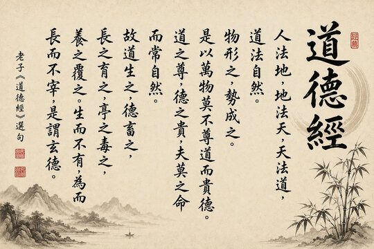 Traditional Chinese Tao Te Ching calligraphy with ink wash landscape and bamboo