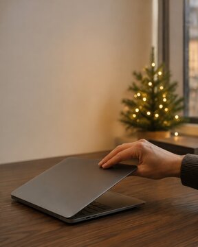 Hand Closing Laptop for Christmas Holiday Break and Digital Detox on Wooden Desk