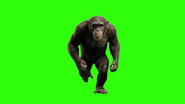 A detailed 3D chimpanzee walking forward directly toward the viewer on all fours, isolated on a solid green chroma key background. Great for nature documentaries, educational animal animations, wildli