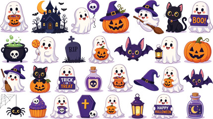 Fototapeta premium Collection of festive halloween cartoon stickers featuring ghosts and spooky characters black cat haunted house trick or treat halloween