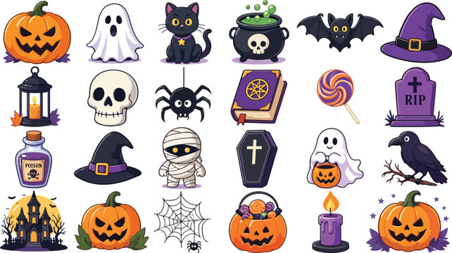 Halloween decorative elements and spooky symbols for holiday party design with black cat witch hat trick or treat spooky decor halloween