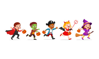 Fototapeta premium Happy diverse children running smiling in Halloween costumes with pumpkin baskets trick or treating