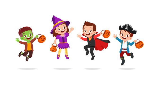 Four happy children jumping in fun Halloween costumes holding pumpkin candy buckets with joyful expressions