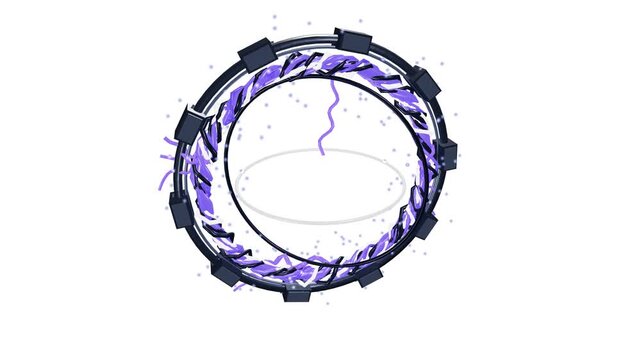 High tech energy ring with glowing purple plasma arcs on white