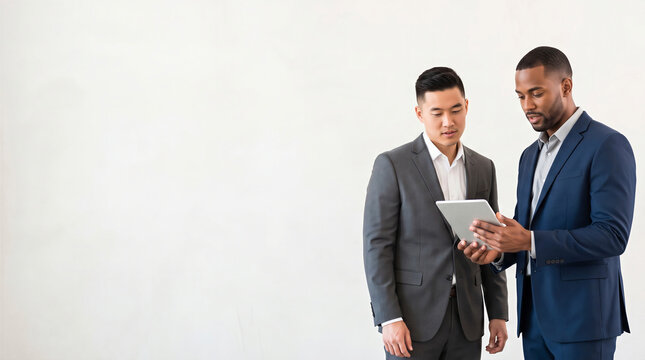 Two business executives discussing while looking at a digital tablet together