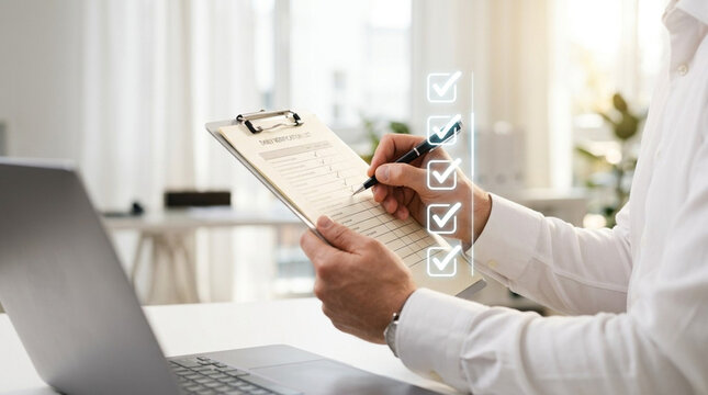 Close-up of a businessman's hands holding a clipboard with a daily verification list and a pen, marking items with digital checkmark icons overlaid in a bright office workspace.