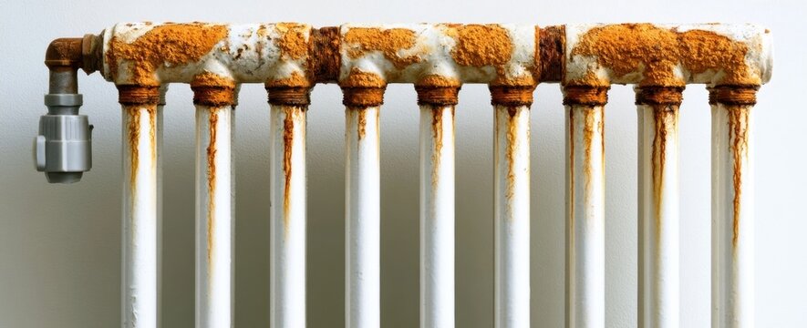 Corroded heating radiator with rust dripping down white vertical fins against a light wall